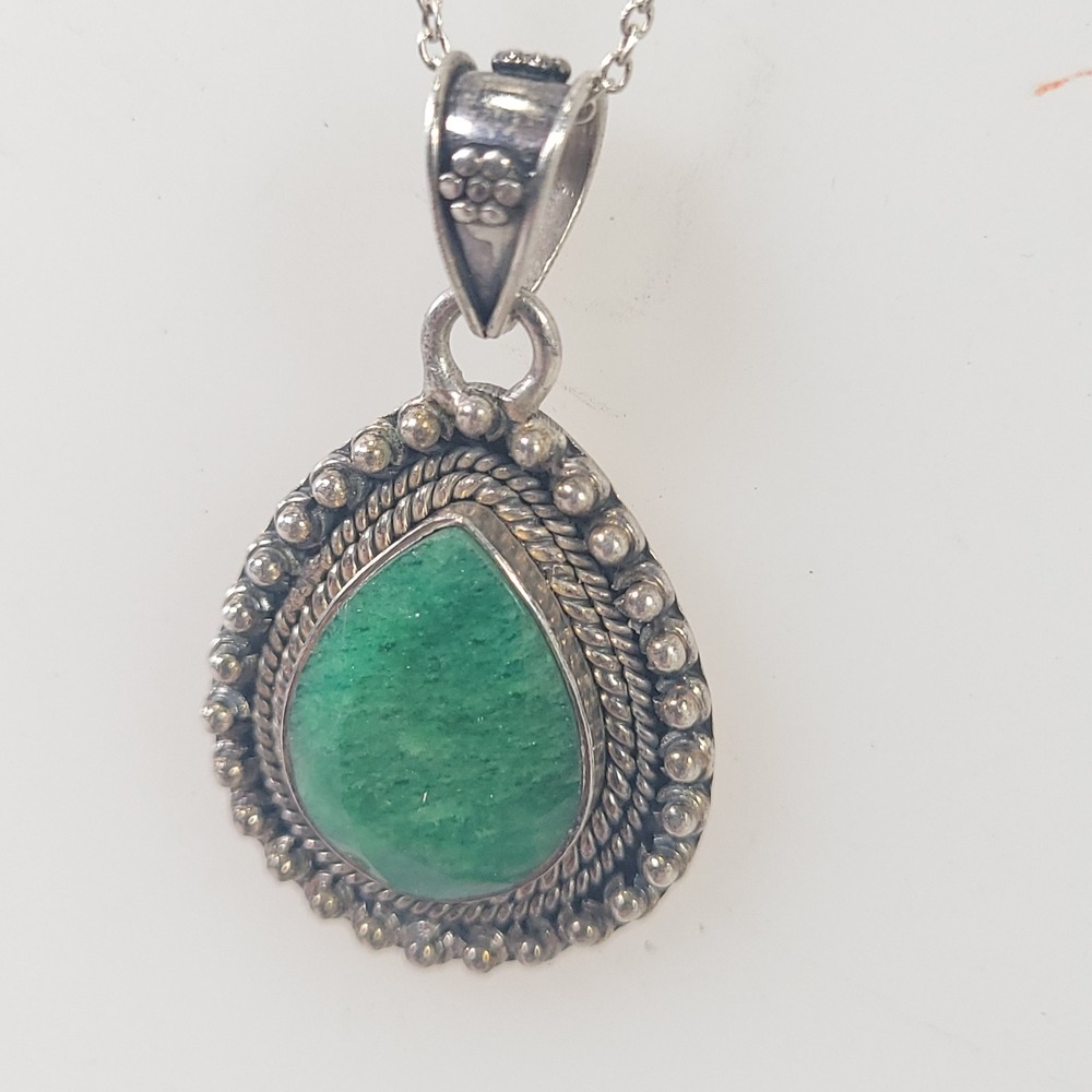 YS 925 Pendant Necklace Sterling Silver Emerald Beryl Teardrop‎ Made in India - Picture 9 of 10